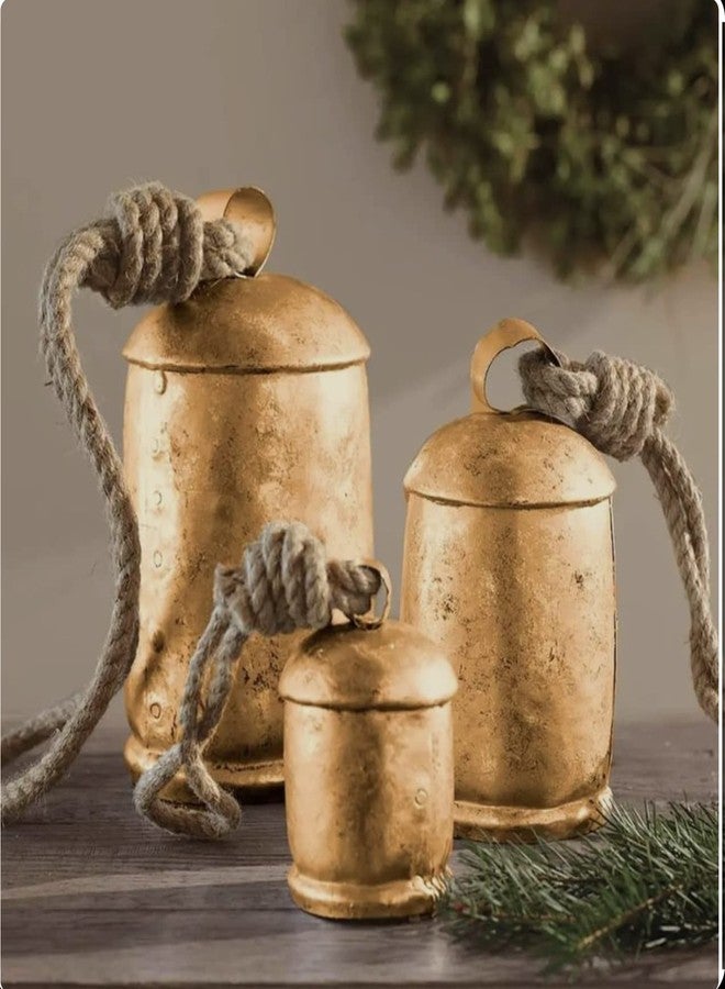THOR INSTRUMENTS Vintage Rustic Lucky Tin Metal Cow Bells Handmade Set of 3 Giant Harmony Cow Bells Huge Bells On Rope Christmas Décor 4" 6" 8" H Bells Rustic Vintage Home Decor Gifts - Image 1